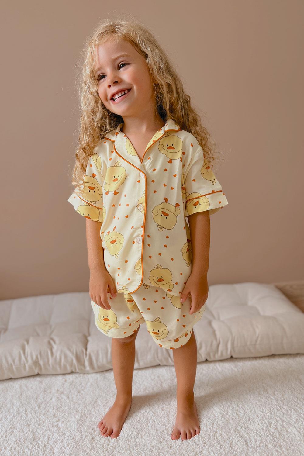 Sarı Civciv Desenli Biyeli Kız Çocuk Pijama TakımıLM1290 | Le Mabelle