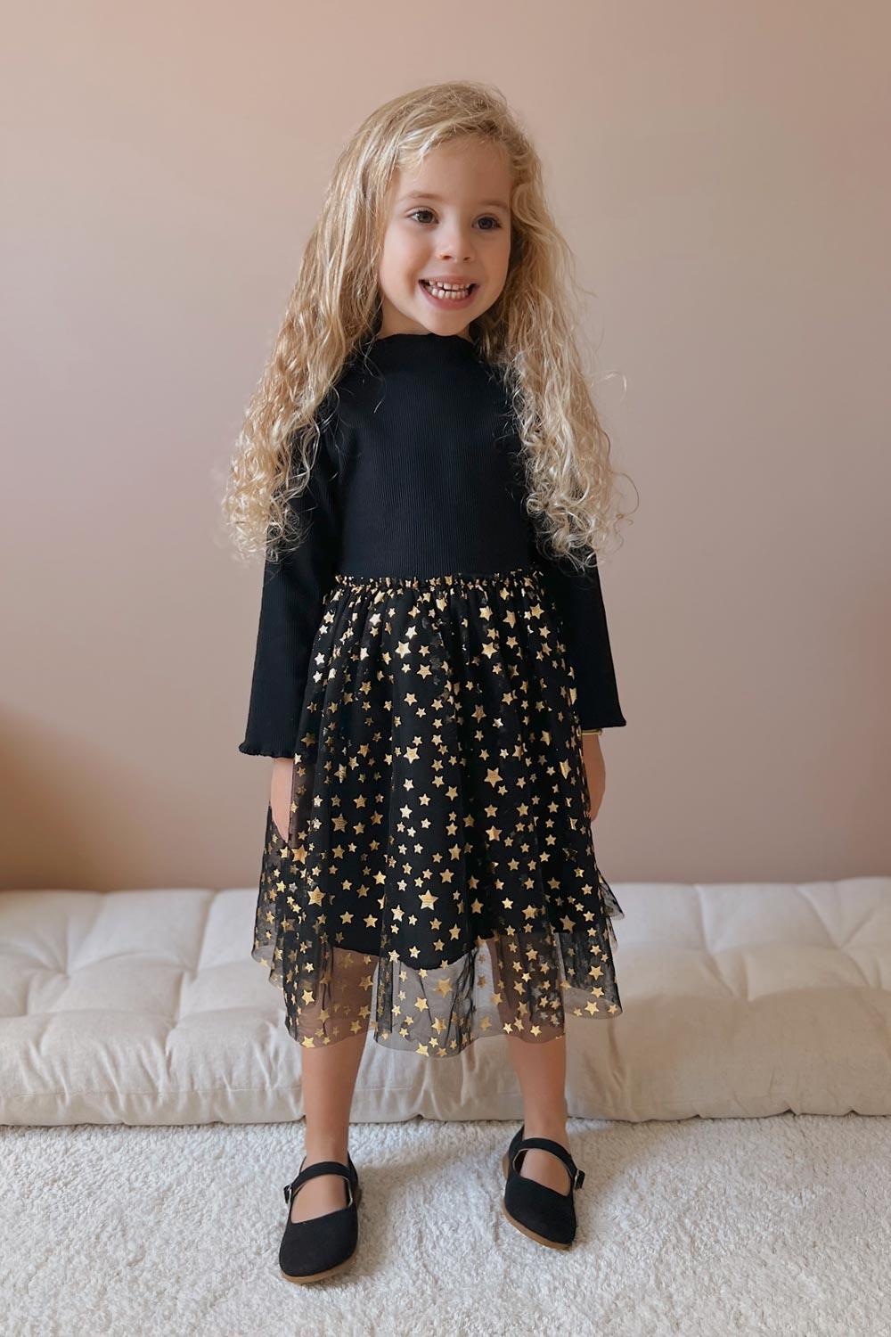 Siyah Yıldız Baskılı Tül Etekli Kız Çocuk Elbise - KarenLM1017 | Le Mabelle