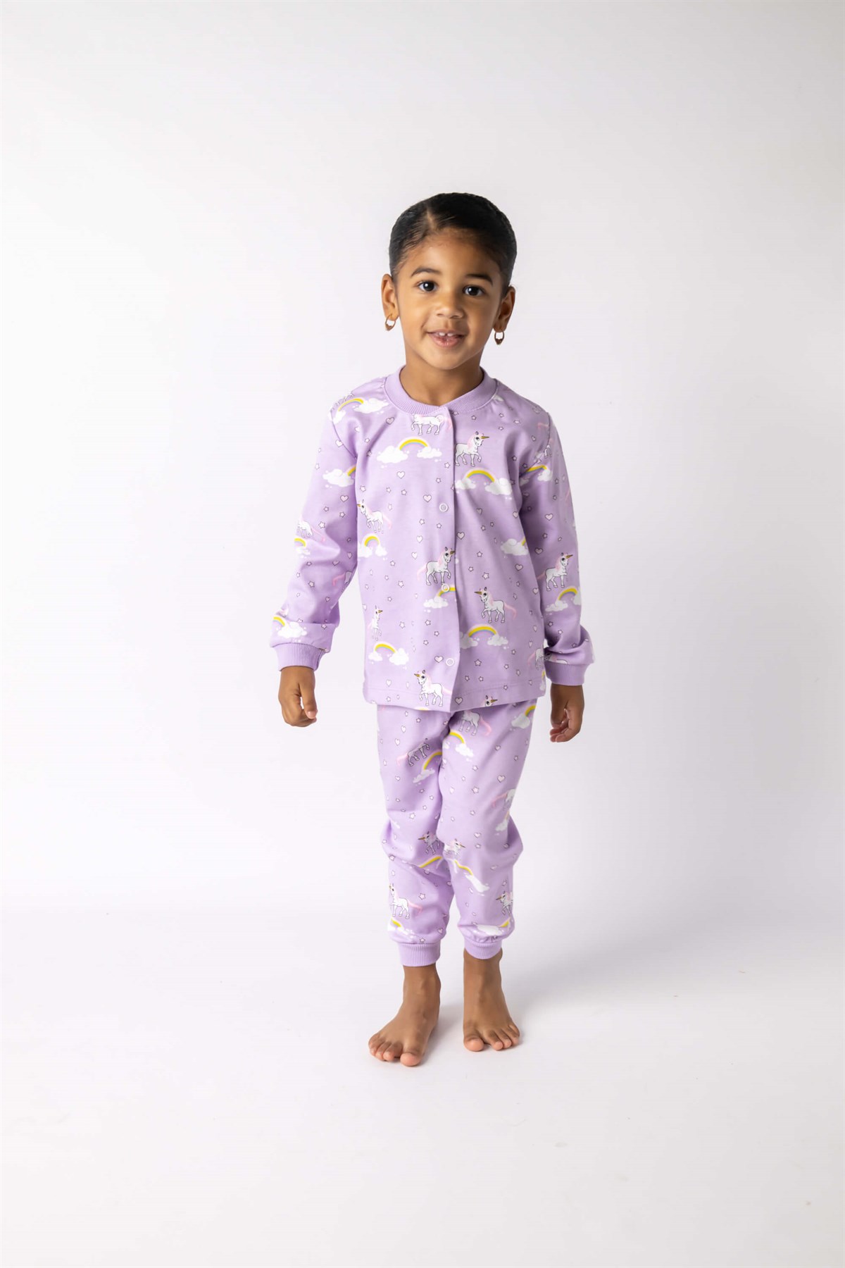 Uzun Kollu Unicorn Gökkuşağı Desenli Lila Pijama Takımı - Lole | Le Mabelle
