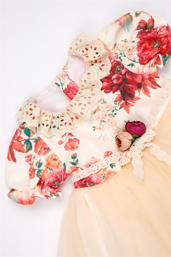 Çiçek Desenli Fisto Yaka Detaylı Kız Çocuk Somon Elbise - Gianna