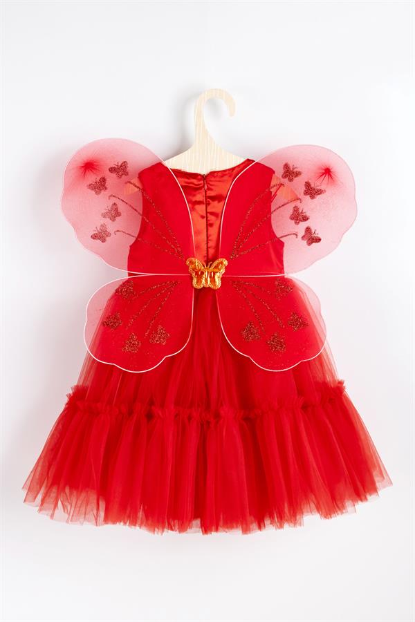 Kelebek Kanat Detaylı Kırmızı Tül Etekli Kolsuz Kız Çocuk Elbise - Papillo