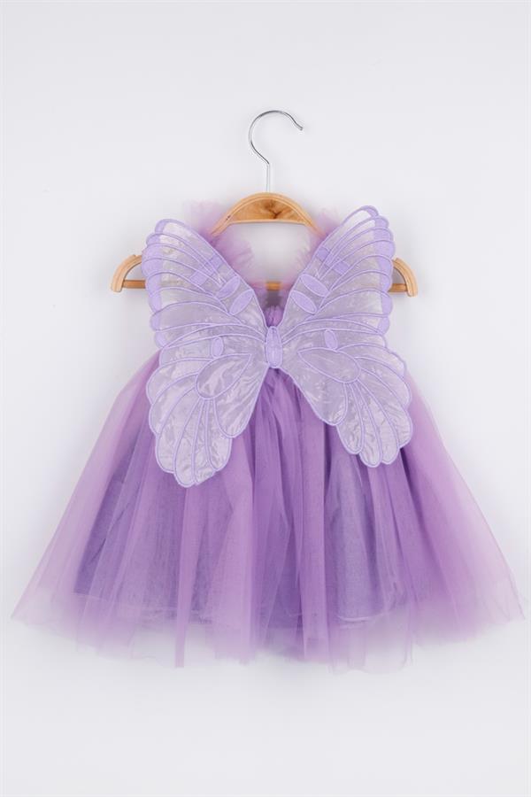 Lila Kelebek Kanat Detaylı Kız Bebek Elbise - Essie