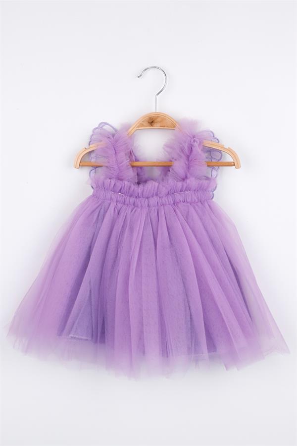 Lila Kelebek Kanat Detaylı Kız Bebek Elbise - Essie