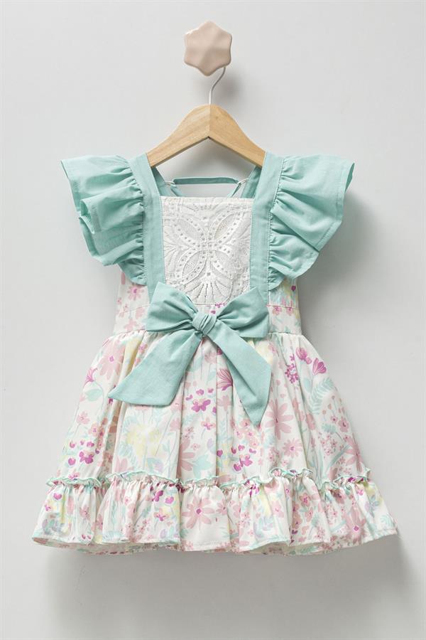 Mint Arkası Bağlamalı Fiyonk Detaylı Kız Çocuk Elbise - Paola