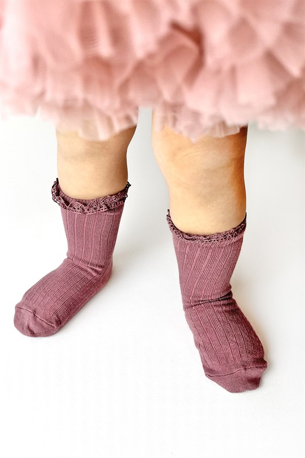 Mürdüm Dantel Detaylı 2'li Kız Çocuk Çorap 