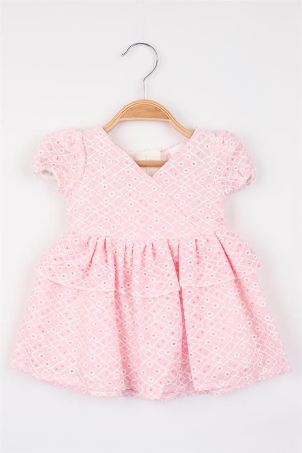Pembe Beli Fırfırlı Dantel Detaylı Kız Bebek Elbise - Elba