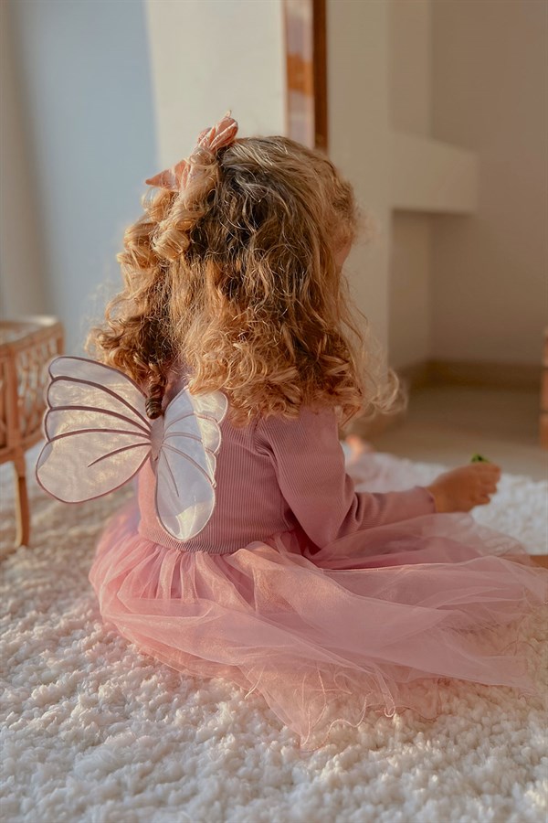 Pembe Kelebek Kanatlı Kız Çocuk Elbise - Butterfly