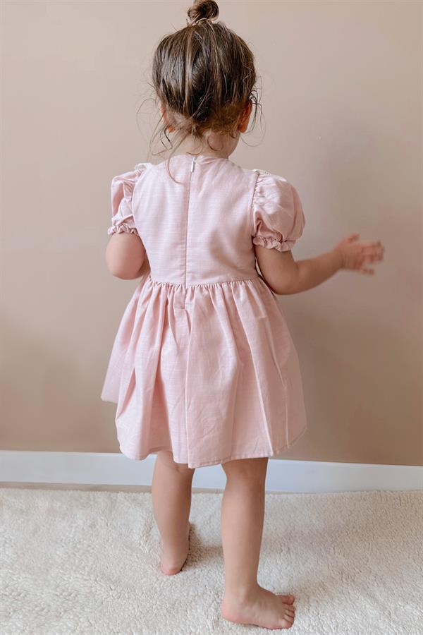 Pembe Kısa Kollu Fisto Detaylı Fiyonklu Kız Çocuk Elbise - Rosa