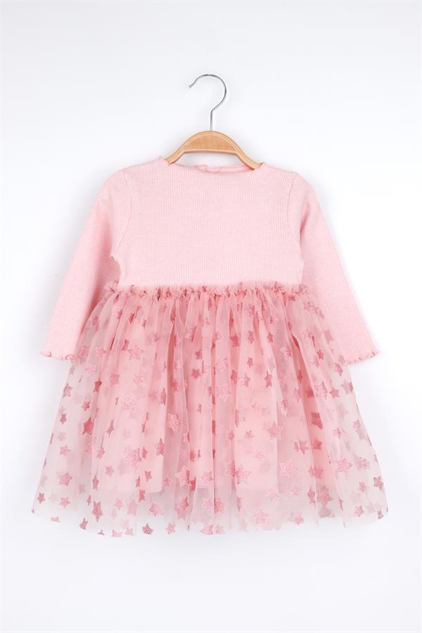 Pudra Yıldız Basklı Tül Etekli Kız Çocuk Elbise - Karen
