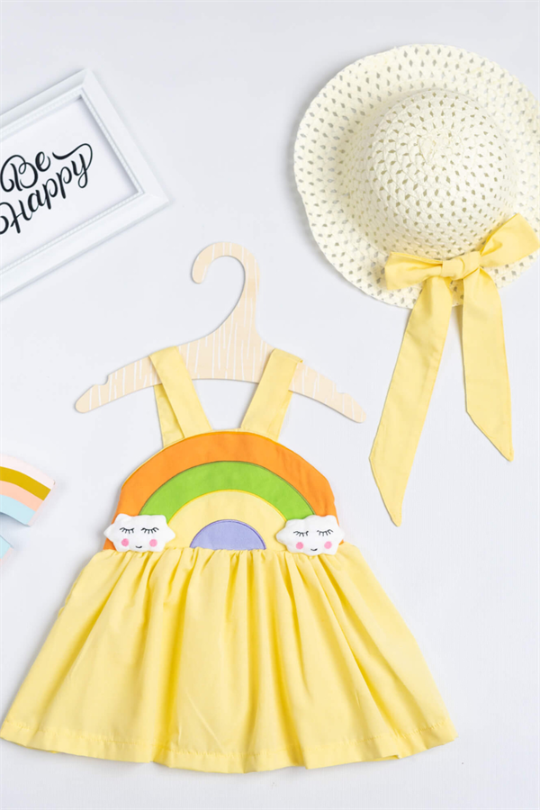 Sarı Gökkuşağı Aplikeli Şapkalı Kız Çocuk Elbise Set -Liya