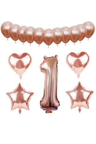 1 Rakamı Yıldız Kalp Balon Set - Rose