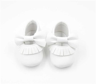 Beyaz Fiyonk Püsküllü Bebek Ayakkabı