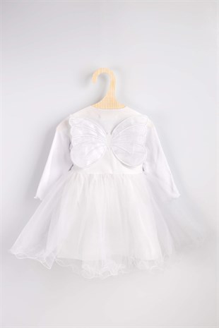 Beyaz Kelebek Kanatlı Kız Çocuk Elbise - Butterfly