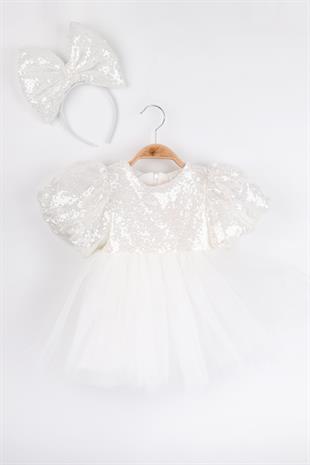 Beyaz Payetli Fiyonk Taç Detaylı Kız Çocuk Elbise - Lena