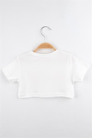 Beyaz Smile Yıldız Baskılı Kız Çocuk Crop Tişört - Becky
