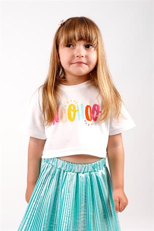 Beyaz Woohoo Baskılı Kız Çocuk Crop Tişört - Becky