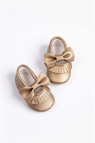 Gold Fiyonk Püsküllü Bebek Ayakkabı