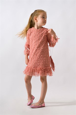 Gülkuru Fiyonklu Eteği Fırfırlı Kız Çocuk Elbise - Tilda