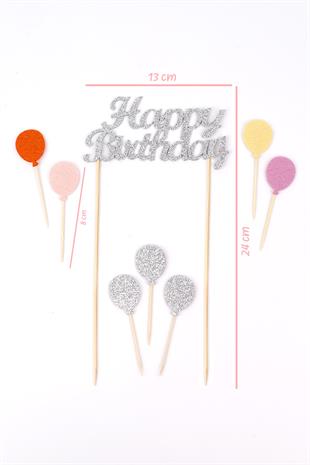 Gümüş Happy Birthday Balon Pasta Süsü