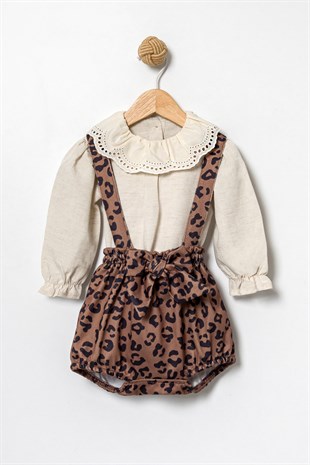 Kahverengi Leopar Desenli Askılı Kız Bebek Romper Bluz Takım - Nomi