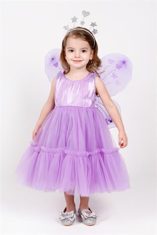 Kelebek Kanat Detaylı Lila Tül Etekli Kolsuz Kız Çocuk Elbise - Papillo