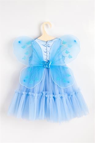 Kelebek Kanat Detaylı Mavi Tül Etekli Kolsuz Kız Çocuk Elbise - Papillo