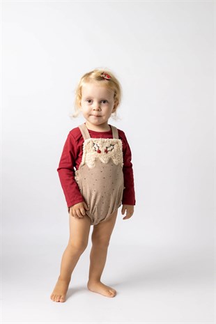 Kırmızı Bodyli Geyik Desenli Kız Bebek 2'li Romper Set - Shay