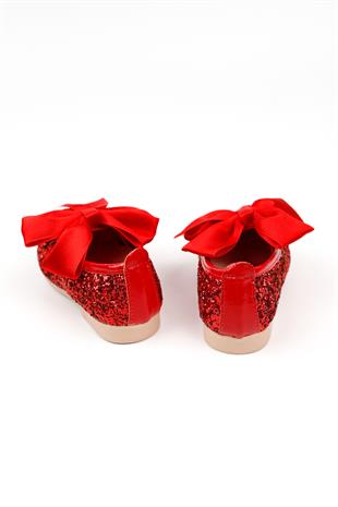 Kırmızı Büyük Fiyonklu Simli Kız Çocuk Ayakkabı