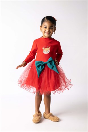 Kırmızı Geyikli Önü Fiyonklu Tül Etekli Kız Çocuk Elbise - Harriet