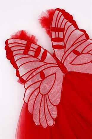 Kırmızı Kelebek Kanat Detaylı Kız Bebek Elbise - Essie