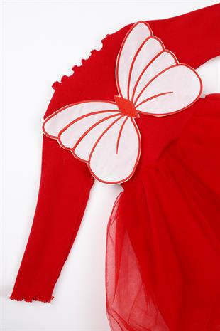 Kırmızı Kelebek Kanatlı Kız Çocuk Elbise - Butterfly