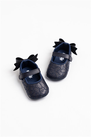 Lacivert Topuğu Fiyonklu Kız Bebek Ayakkabı
