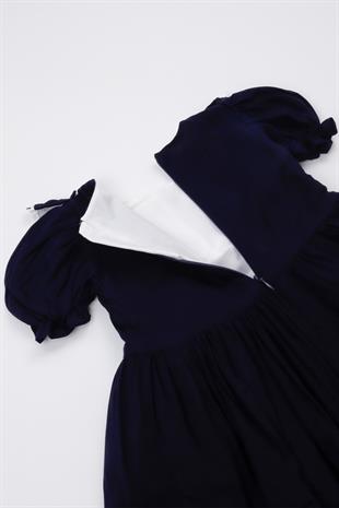 Lacivert Vintage Kısa Kollu Kız Çocuk Elbise - Mila
