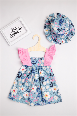 Mavi Çiçekli Şapkalı Kız Çocuk  Elbise Set - Hermia