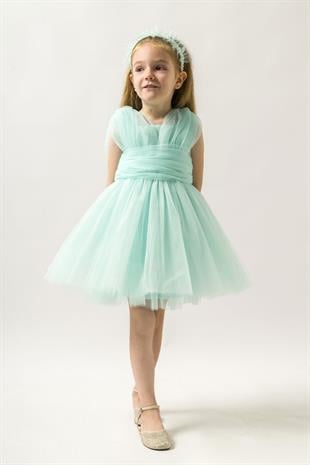 Mint Kurdele Detaylı İnci Taçlı Tüllü Kız Çocuk Elbise - Bailey