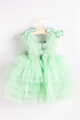 Mint Omzu Fiyonk Detaylı Kız Çocuk Tül Elbise - Bridgerton