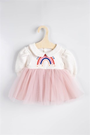 Pembe Gökkuşağı Nakışlı Tül Etekli Kız Bebek Elbise -  Vanessa