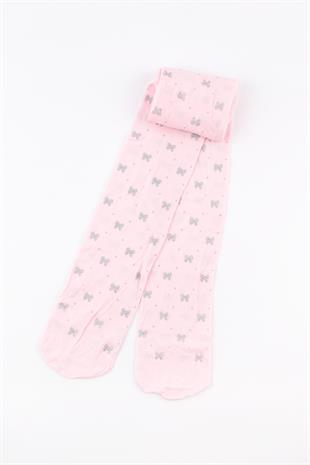 Pembe Simli Fiyonk Detaylı Kız Çocuk Külotlu Çorap