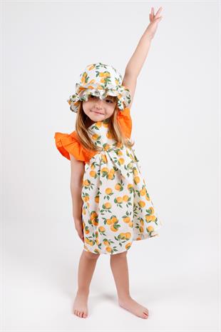 Portakal Desenli Şapkalı Turuncu Kız Çocuk Elbise - Dona