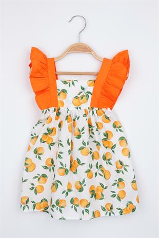 Portakal Desenli Şapkalı Turuncu Kız Çocuk Elbise - Dona