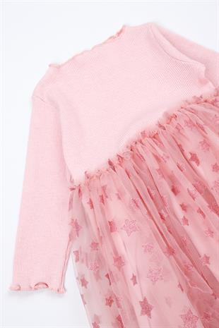 Pudra Yıldız Basklı Tül Etekli Kız Çocuk Elbise - Karen