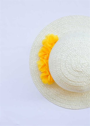 Sarı Çiçekli Beyaz Hasır Şapka