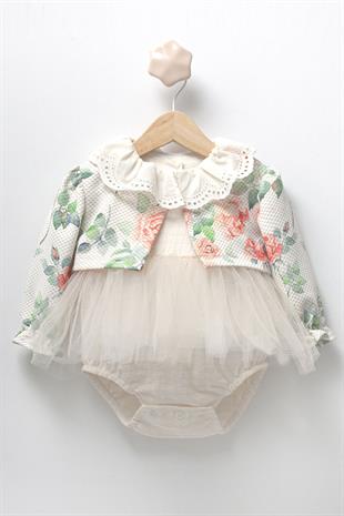 Turuncu Çiçek Detaylı Ceketli Kız Bebek Romper Set - Monica