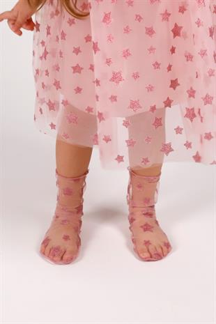 Üzeri Yıldız Detaylı Gülkuru Kız Çocuk Tül Çorap