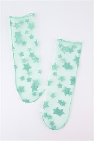 Üzeri Yıldız Detaylı Mint Kız Çocuk Tül Çorap