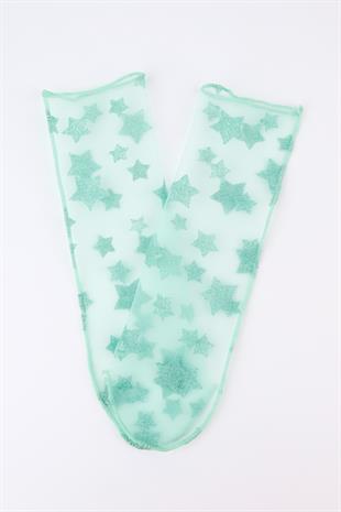 Üzeri Yıldız Detaylı Mint Kız Çocuk Tül Çorap