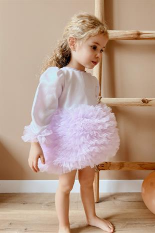 Uzun Kollu Lila Tütülü Kız Bebek Prenses Elbise - Asel