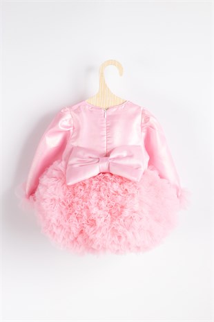 Uzun Kollu Pembe Tütülü Kız Bebek Prenses Elbise - Asel