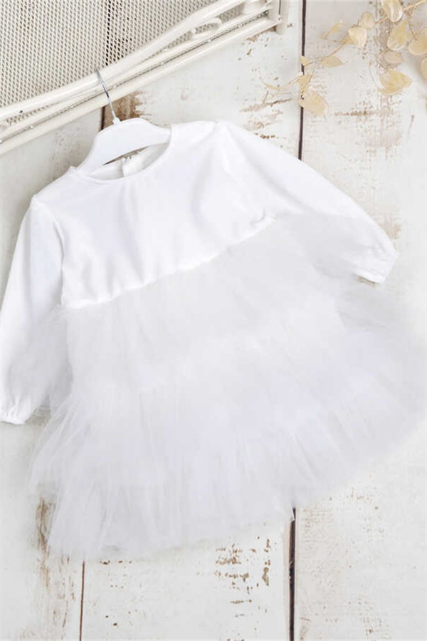 Uzun Kollu Beyaz Balerin Kız Çocuk Elbise - Aida