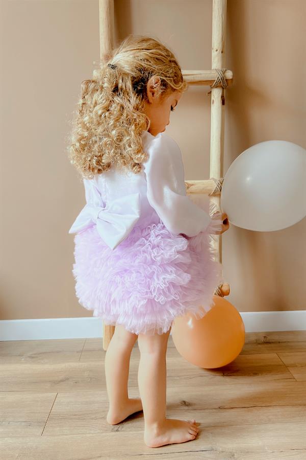 Uzun Kollu Lila Tütülü Kız Bebek Prenses Elbise - Asel